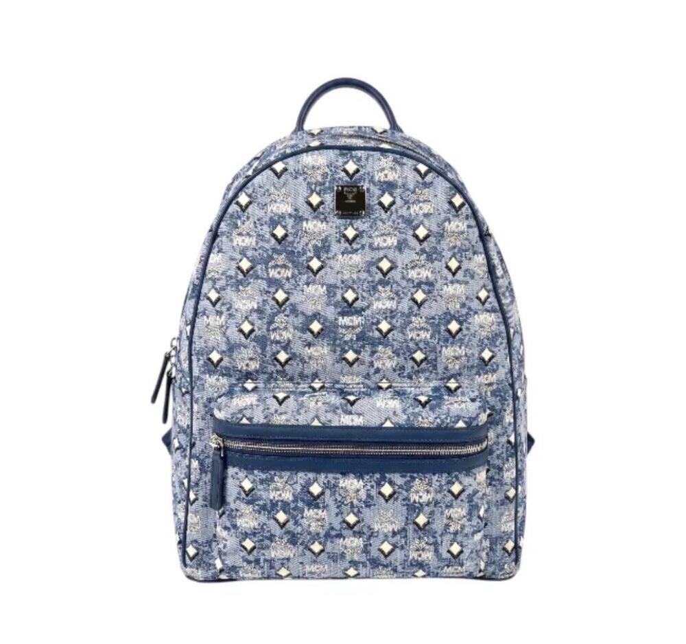 NEW MCM Stark Medium Backpack Blue Denim Visetos Monogram Studded Luxury Bag
